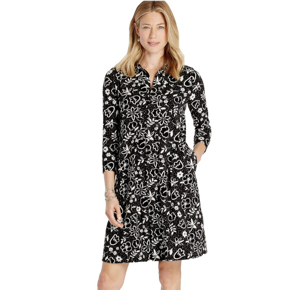 J. Jill Dresses & Skirts - J Jill Floral Pima Cotton Blend A Line Shirt Dress Size S Black White Jersey